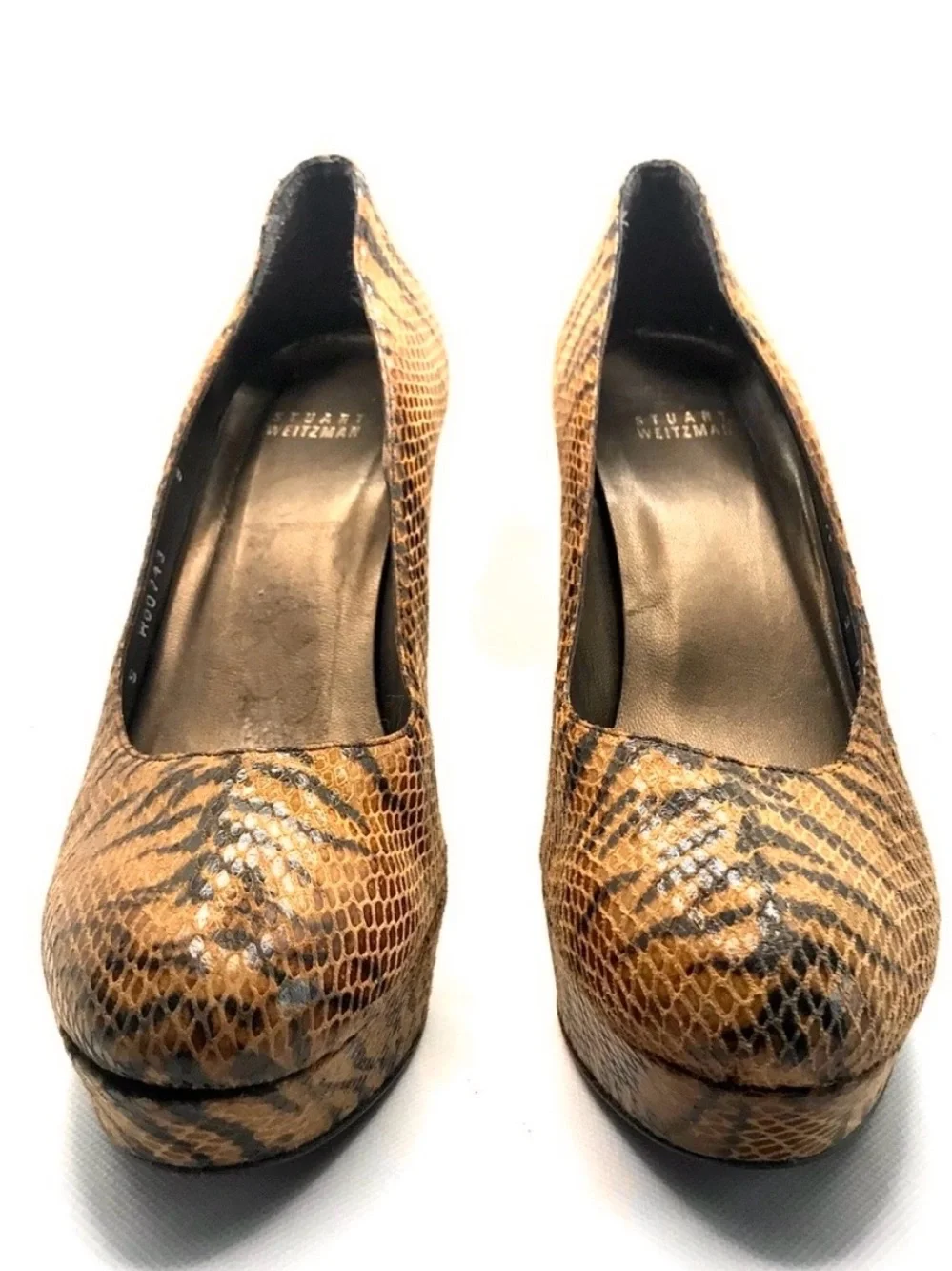 STUART WEITZMAN BROWN & BLACK LEATHER ANIMAL PRINT SNAKESKIN EMBOSSED HEELS (9)